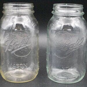 2 Vintage Ball Genuine Sculptured Fruit Embossed Glass Mason Quart Jars Canning